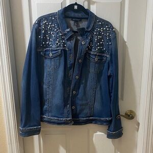 INC International Concepts Blue Denim Jacket with Pearl Accents NWOT